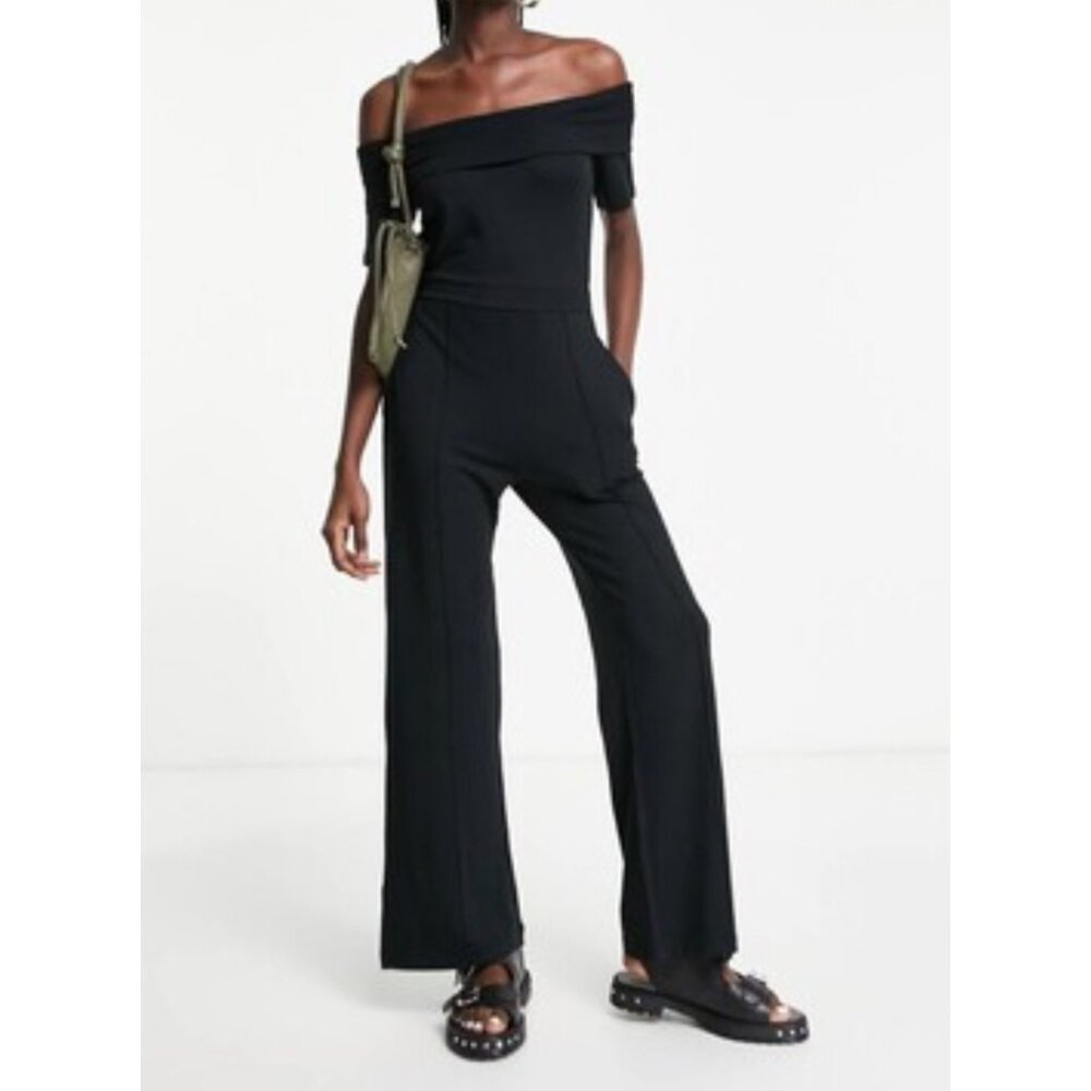 And Other Stories off shoulder jersey knit wide leg jumpsuit black sz L‎